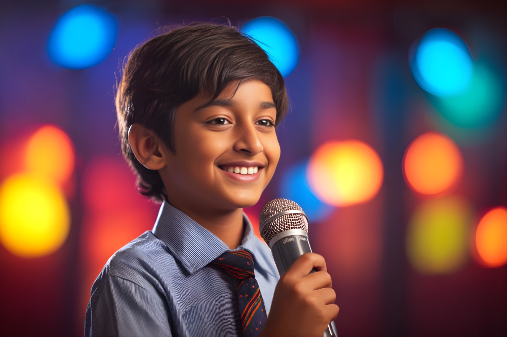 A confident child student projecting their voice on a modern classroom stage.